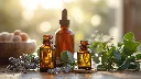 Titelbild für Onlinekurse für mehr Wohlbefinden, ätherische Öle in eleganten Glasflaschen, natürliche Elemente wie Lavendel, Eukalyptus und Kräuter, friedliche Atmosphäre, warmes sanftes Licht, Zen-inspiriert, harmonische Komposition.webp